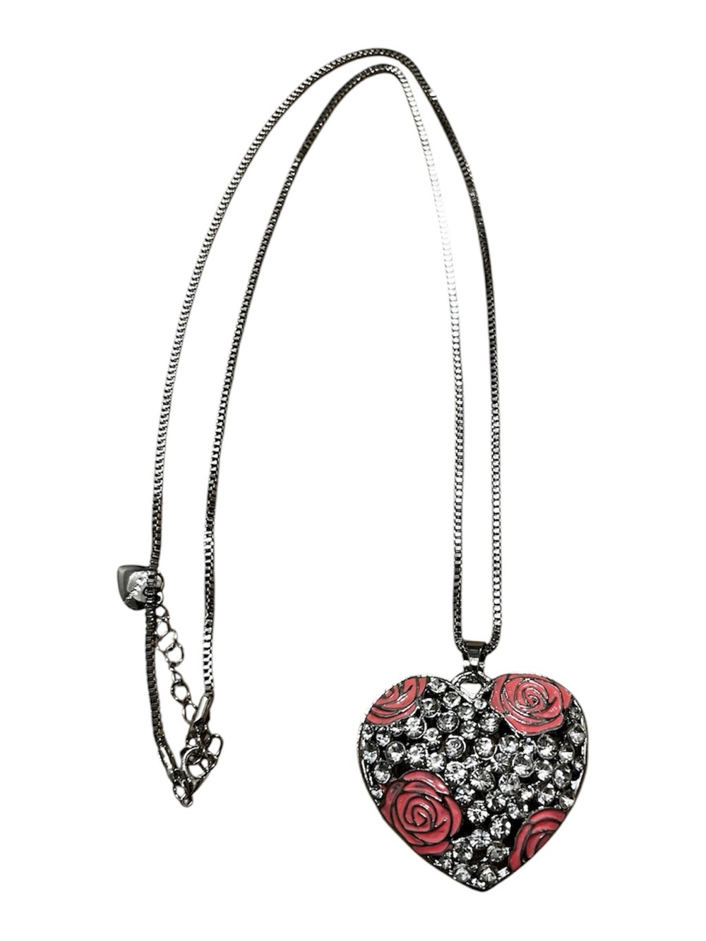 Betsey Johnson Silver Heart Necklace with Pink Rose Accents